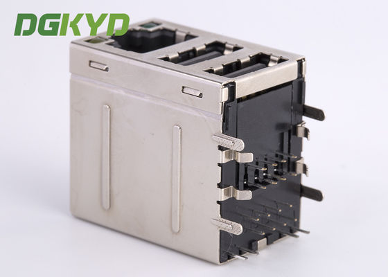 Cat3 RJ45 Connector Stack Over Dual USB 2.0 A Type With Y/G Led