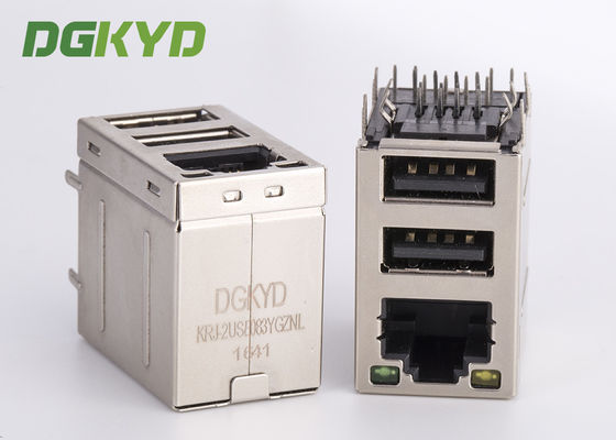 Stacked RJ45 jack over dual deck USB Connector combo rj45 with 100Mb transformer
