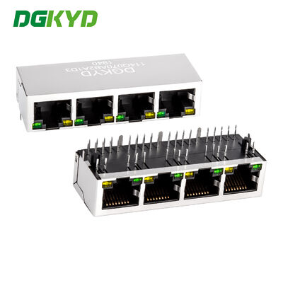 Afgeschermde metalen RJ45 modulaire connector met vier poorten, 1000 Base-Tx met LED en PCB-montage